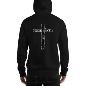 Black hoodie, cross graphic, "God Wins".