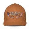 Here's an alt tag for the image: Orange hunting hat; patriotic design.