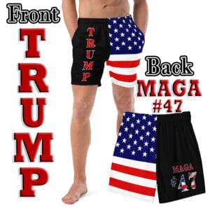 Here's an alt tag for the image: American flag Trump MAGA shorts.