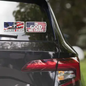 Patriotic car decals: God, America first.