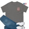 Gray t-shirt with distressed American flag.