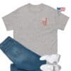 Gray t-shirt with small US flag.