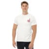 Man in white tee with small flag.