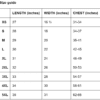 Clothing size chart: length, width, chest.