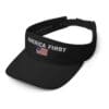 Black visor with "America First" and flag.