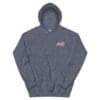 Here's an alt tag for the image: Dark gray hoodie with small US flag.
