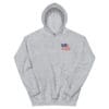 Gray hoodie with small American flag.