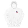 White hoodie with small American flag.