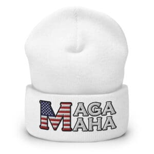 White beanie with MAGA embroidered.