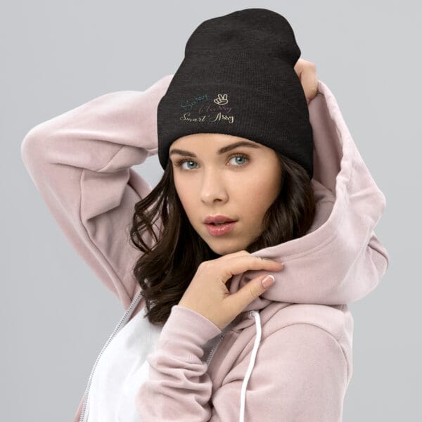 Woman wearing sassy, classy, smart beanie.