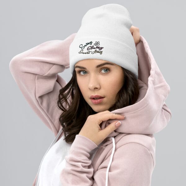 Woman wearing sassy, classy, smart beanie.