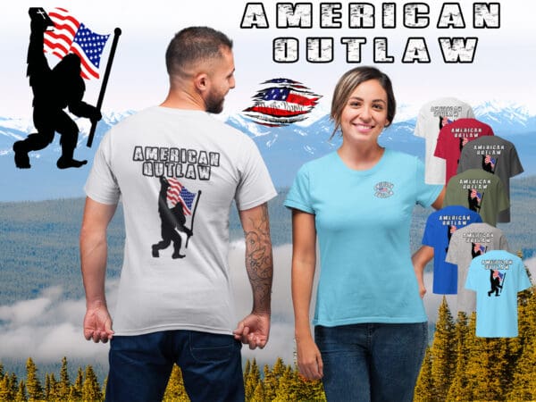 AMERICAN OUTLAW Patriotic Christian Bigfoot shirt MAGA Yeti, Flag & Bible Tshirt