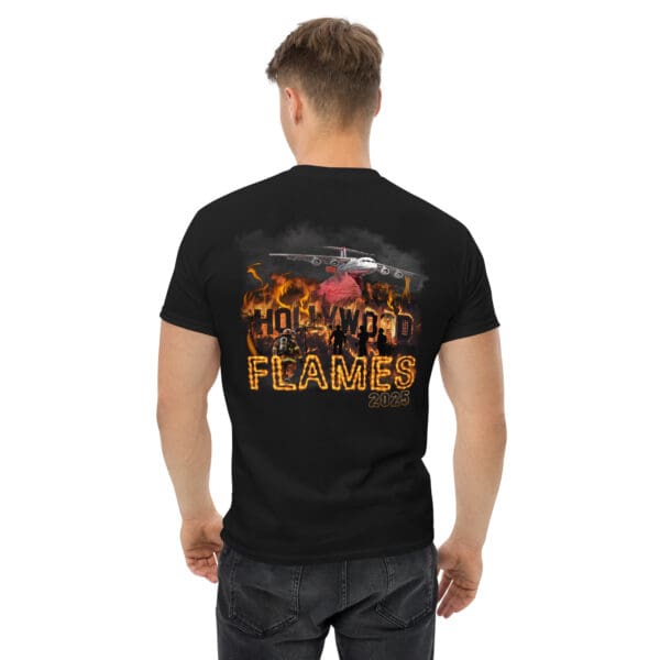 Black T-shirt, Hollywood Flames 2025 graphic.