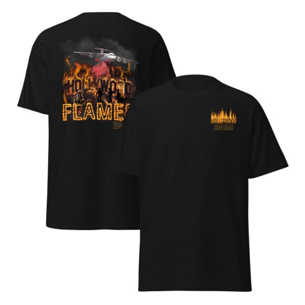 Black t-shirt, Hollywood Flames 2025 design.