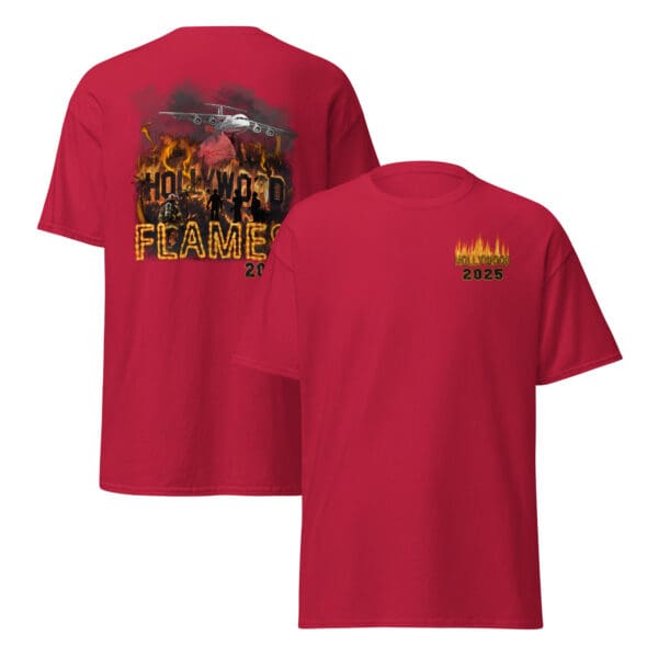 Red t-shirt, Hollywood Flames 2025 design.