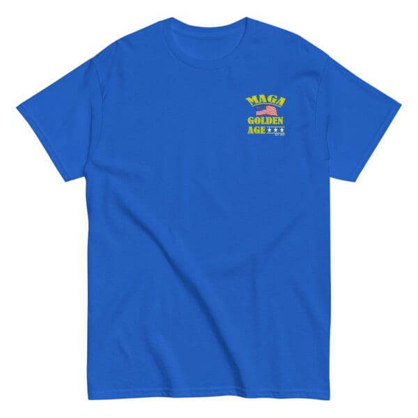 Here's an alt tag for the image: Blue MAGA Golden Age T-shirt.