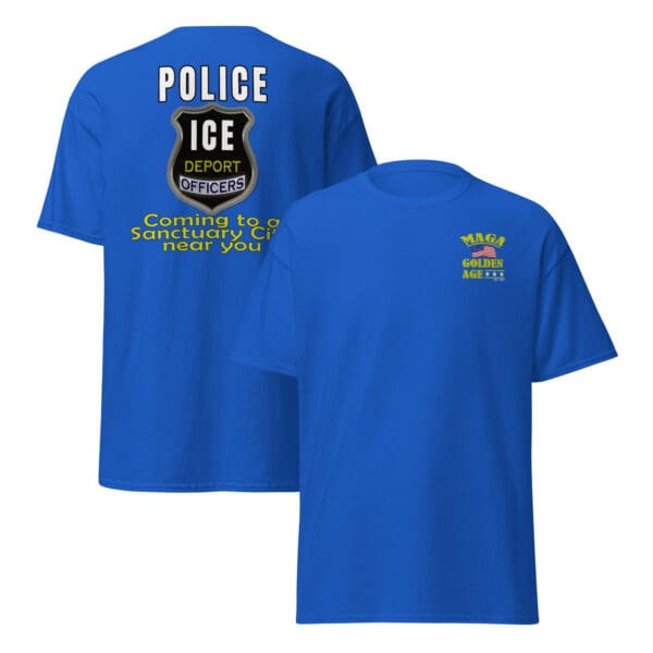 Here's an alt tag for the image: Blue t-shirts with police and MAGA designs.