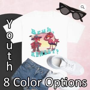 Youth t-shirt with flamingo, denim, sneakers.