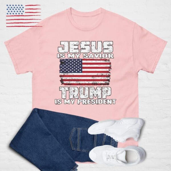 JESUS is my Savior, TRUMP is my President. American Flag MAGA Faith in God shirt - Image 2