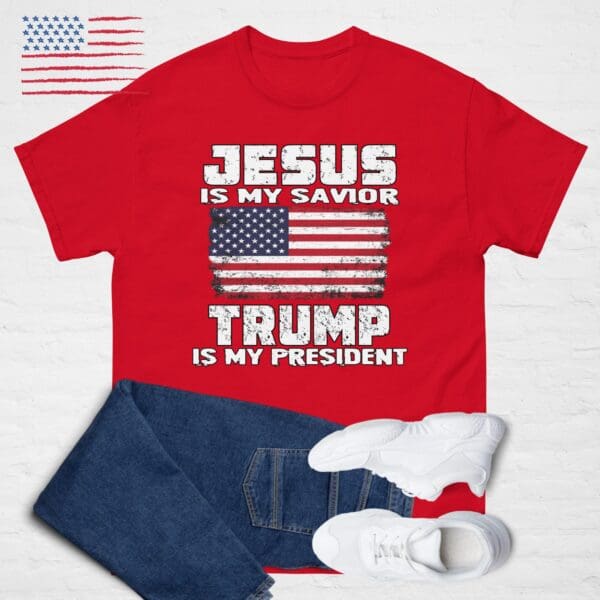 JESUS is my Savior, TRUMP is my President. American Flag MAGA Faith in God shirt - Image 3
