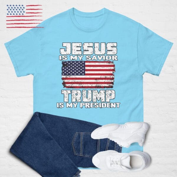 JESUS is my Savior, TRUMP is my President. American Flag MAGA Faith in God shirt - Image 5