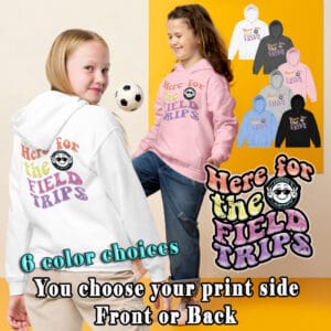 Children wearing colorful field trip hoodies.