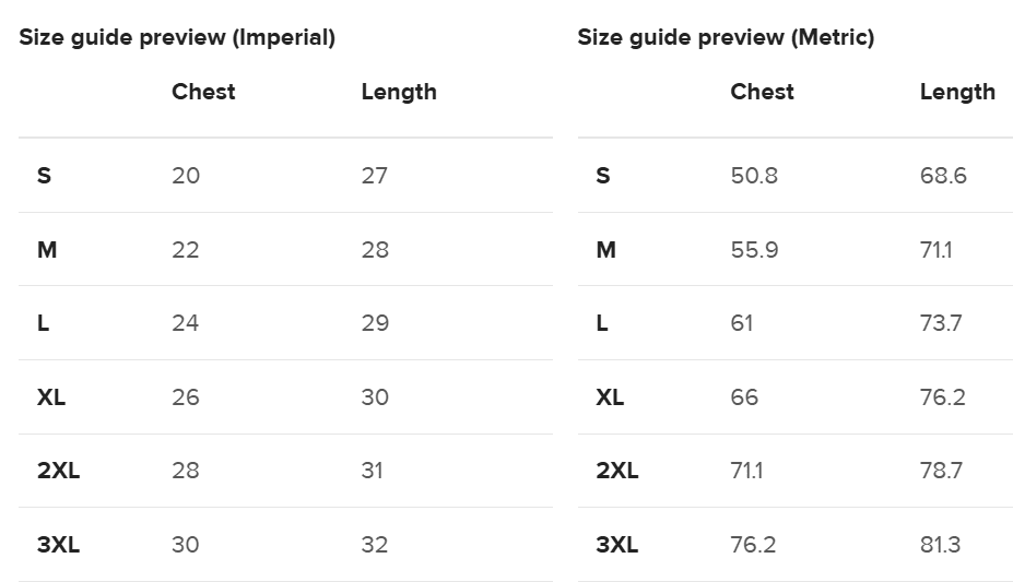 Clothing size chart with imperial and metric measurements