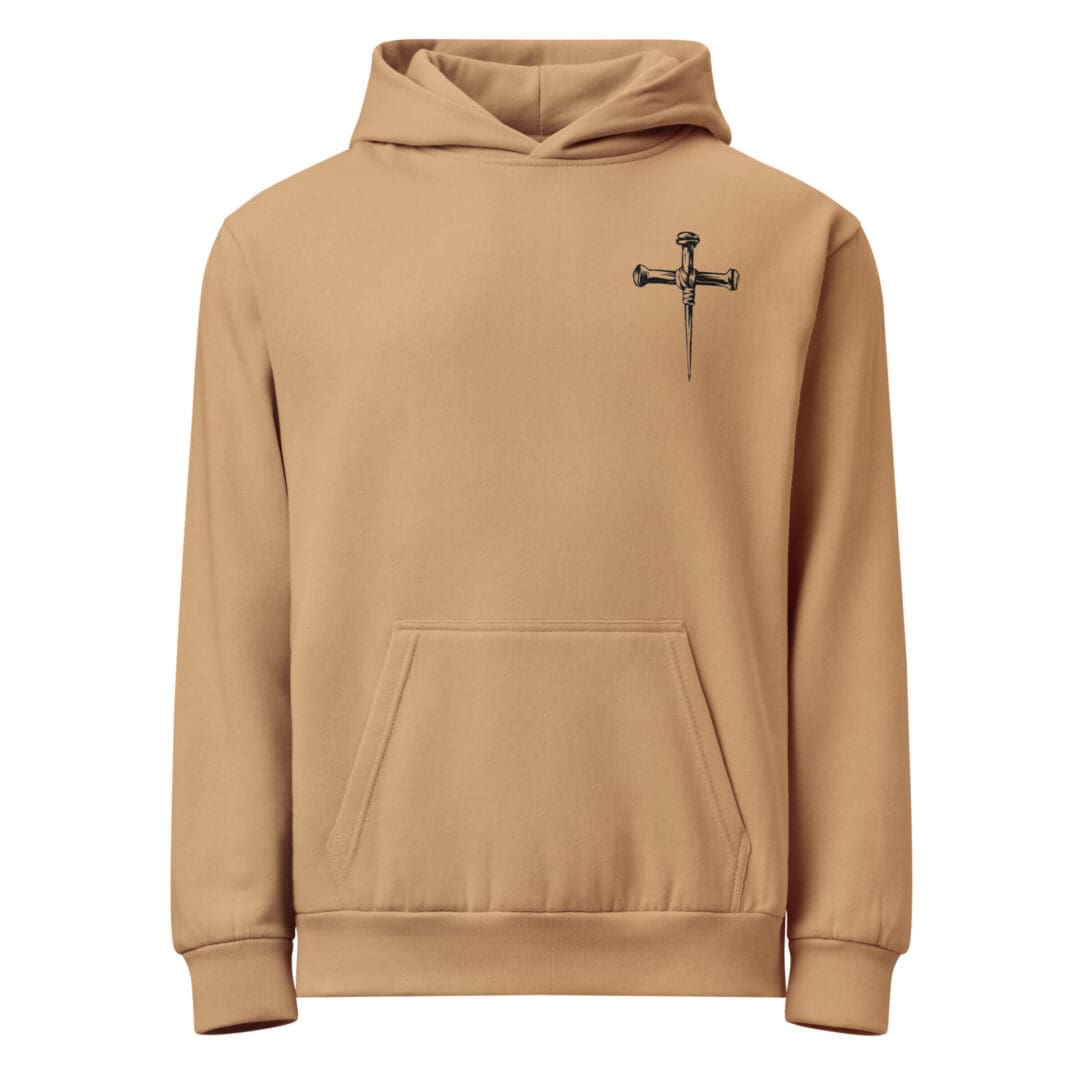 Tan hoodie with small nail cross design