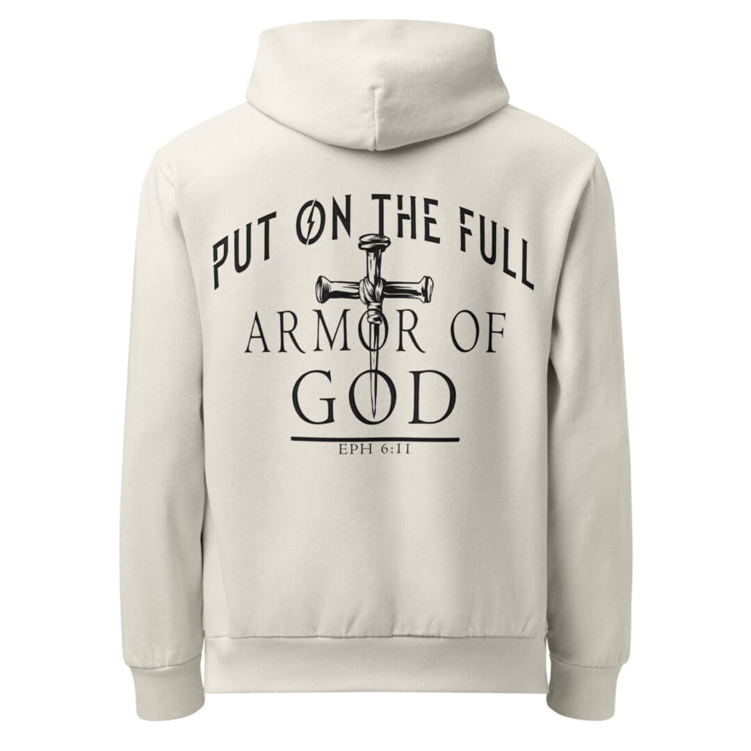 Cream hoodie back with Armor of God cross