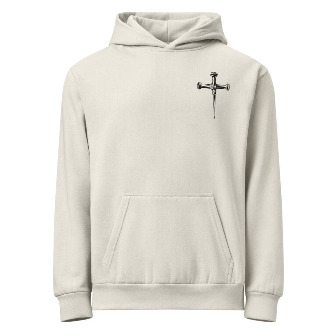 Beige hoodie with small black cross logo