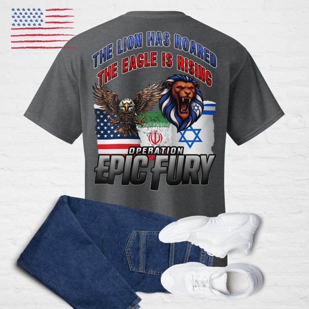 T-shirt with lion, eagle, flags and text