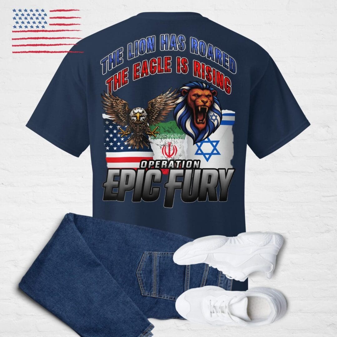 T-shirt with eagle, lion, American and Israeli flags